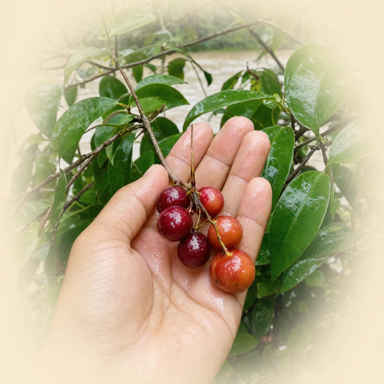 Main tenant des baies de camu camu sur la branche