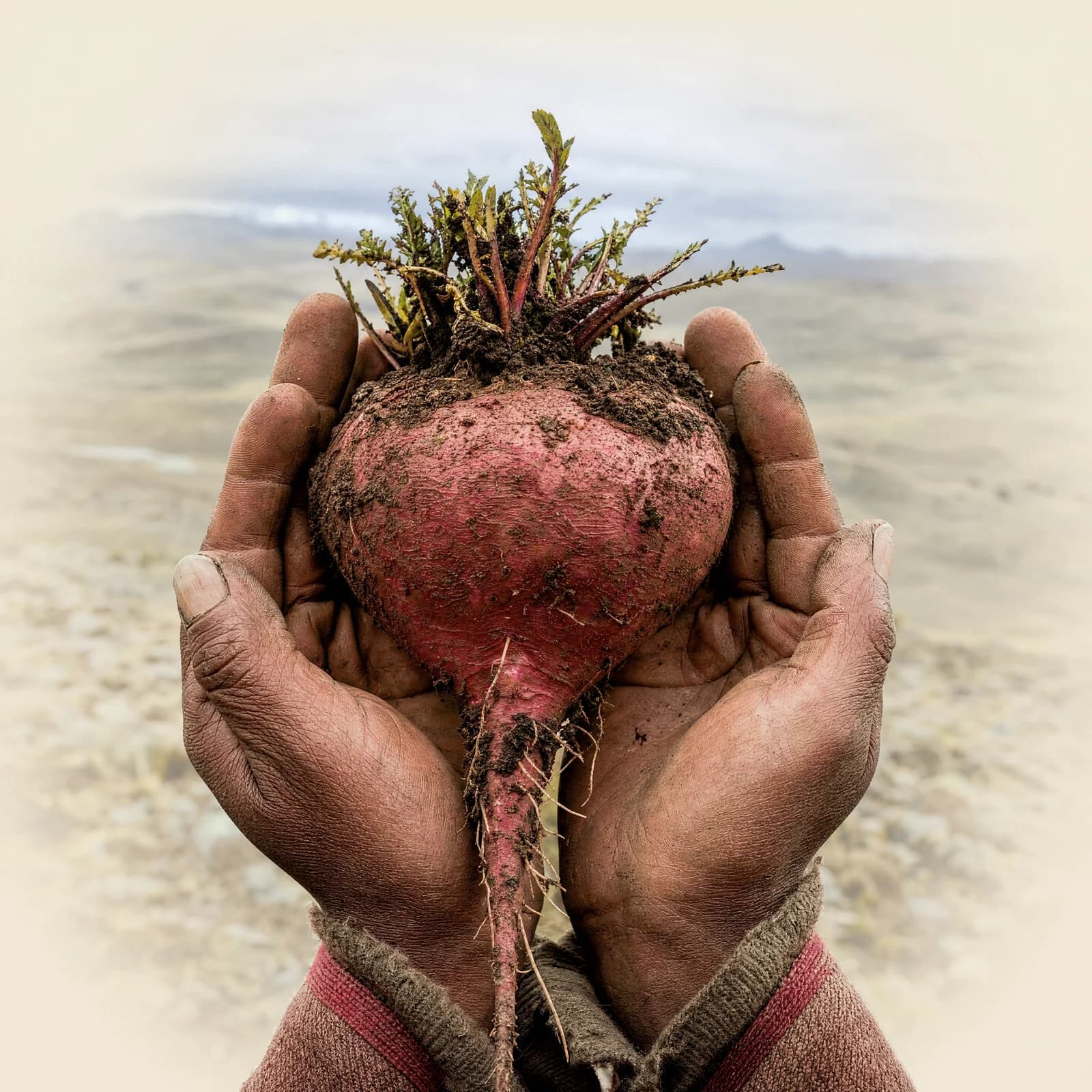 Mains du cultivateur tenant la maca