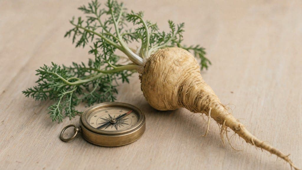Racine de maca avec ses fanes et boussole en laiton sur un plan de travail en bois clair