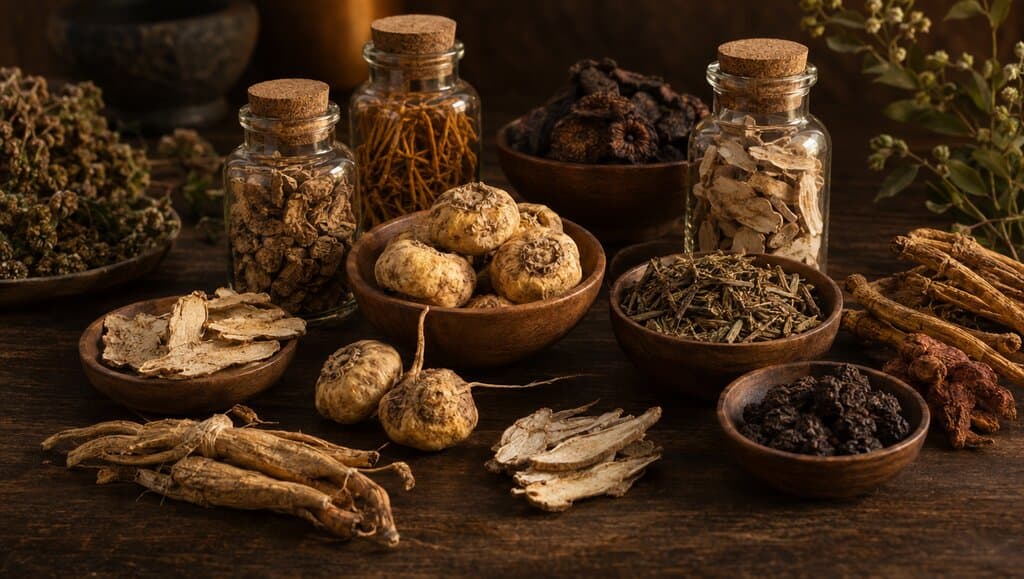 Racines et herbes adaptogènes séchées dont de la maca, disposées sur un bois sombre, certaines dans de petits bocaux en verre
