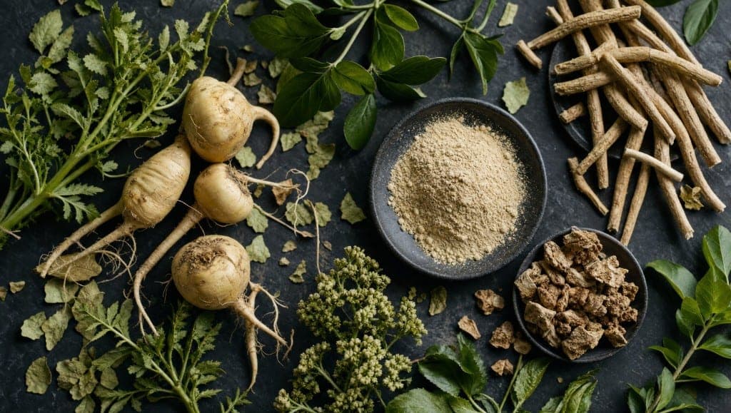 Gélules et poudres d'adaptogènes avec racines séchées sur ardoise — maca, ashwagandha