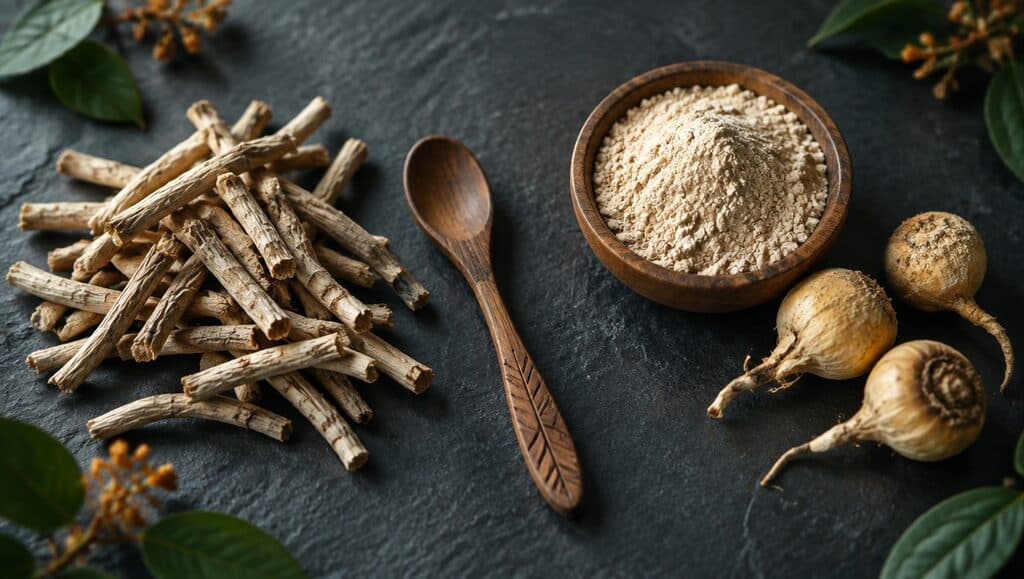 Racines d'ashwagandha séchées en tas à gauche, une cuillère en bois gravée au centre, un bol de poudre claire et deux racines de maca à droite, des feuilles vertes aux coins, sur une ardoise noire.