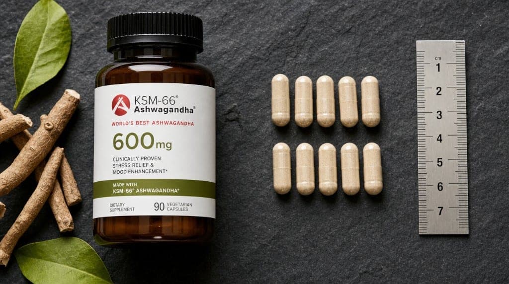 Gélules d'ashwagandha et racines séchées sur fond naturel