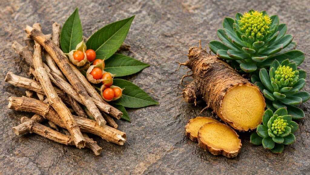 Composition divisee avec racine d'ashwagandha a gauche et rhodiola rosea a droite sur pierre