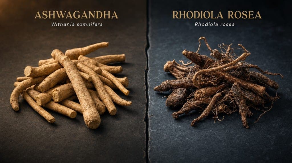 Ashwagandha vs Rhodiola : deux adaptogènes, deux mécanismes. Stress et cortisol vs fatigue mentale — comparatif objectif