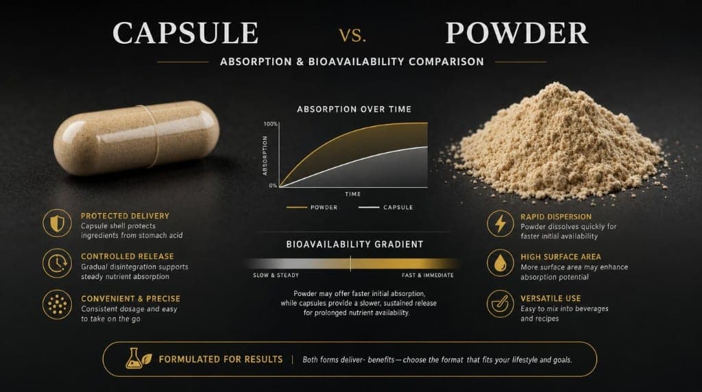 Biodisponibilité compléments alimentaires : gélules vs poudre vs extrait. Factors influençant l'absorption des principes