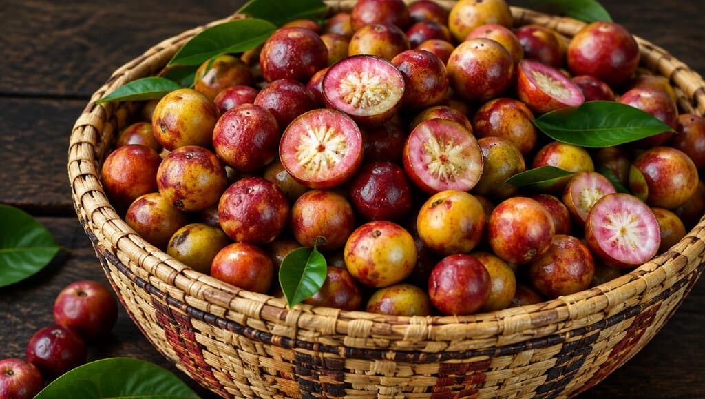 Baies de camu camu mures dans un panier peruvien tresse a la main