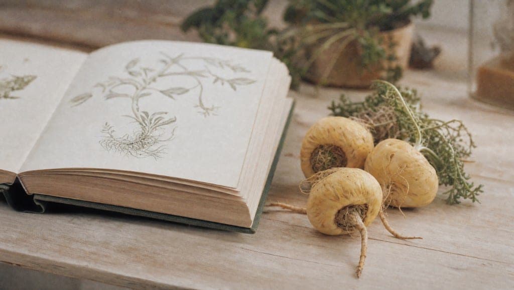 Un livre ancien ouvert sur une planche botanique dessinée, et trois racines claires à fanes vertes posées à côté sur une table de bois.
