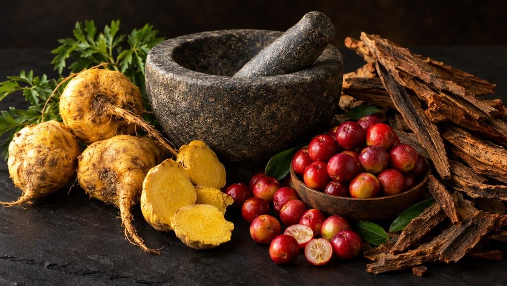 Morceaux de racine de maca dorée, baies de camu camu rouges vives et lanières d'écorce brune autour d'un mortier en pierre sur fond sombre