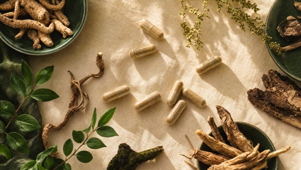 Gélules de compléments alimentaires et plantes adaptogènes sur fond de lin