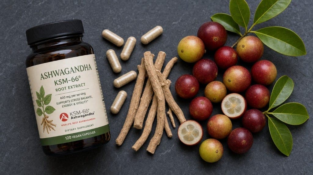 Meilleur complément pour réduire le cortisol : ashwagandha KSM-66, magnésium bisglycinate, Camu Camu. Comparatif basé su