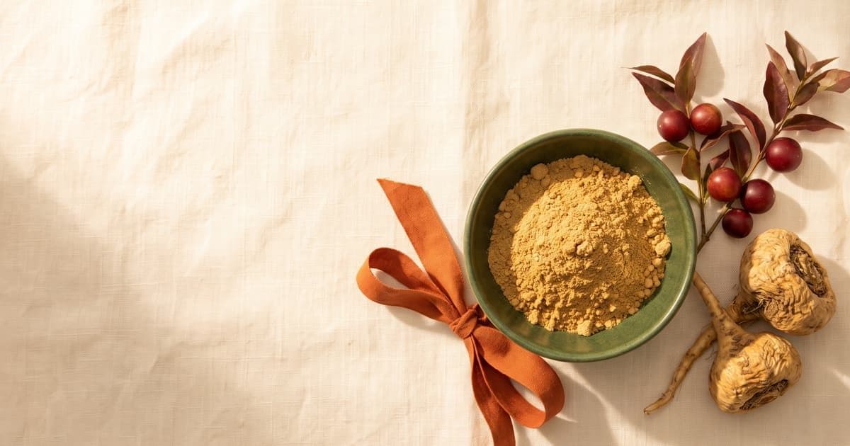 Bol de poudre de maca, racines séchées et baies rouges posés sur une nappe de lin