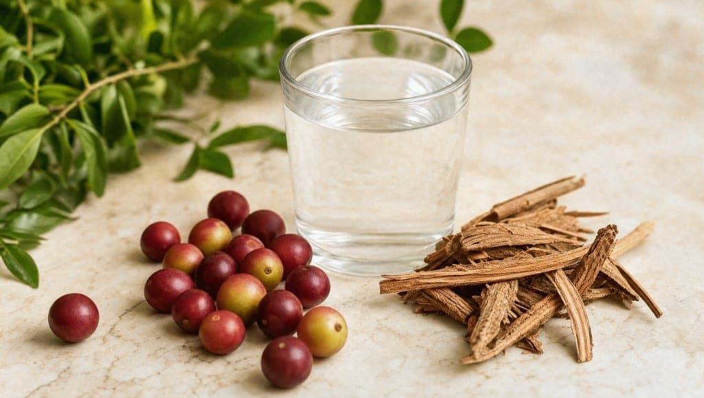 Un verre d'eau claire entre des baies rouges et un tas de copeaux d'écorce clairs, avec un rameau feuillu sur une pierre beige.