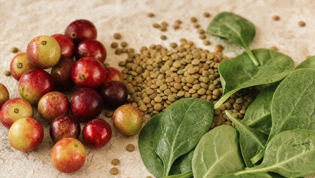 Baies de camu camu, lentilles vertes et feuilles d'épinard frais sur une pierre claire
