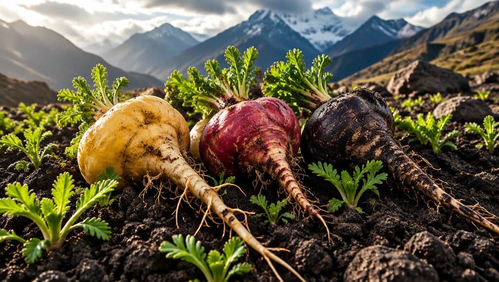 Racines de maca crues jaunes rouges et noir-violet sur sol volcanique andin avec jeunes pousses