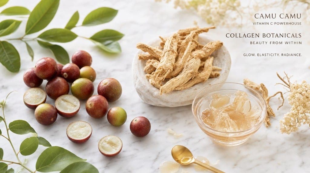 Compléments peau et éclat : vitamine C naturelle (Camu Camu), collagène marin, reishi, astaxanthine. Données disponibles