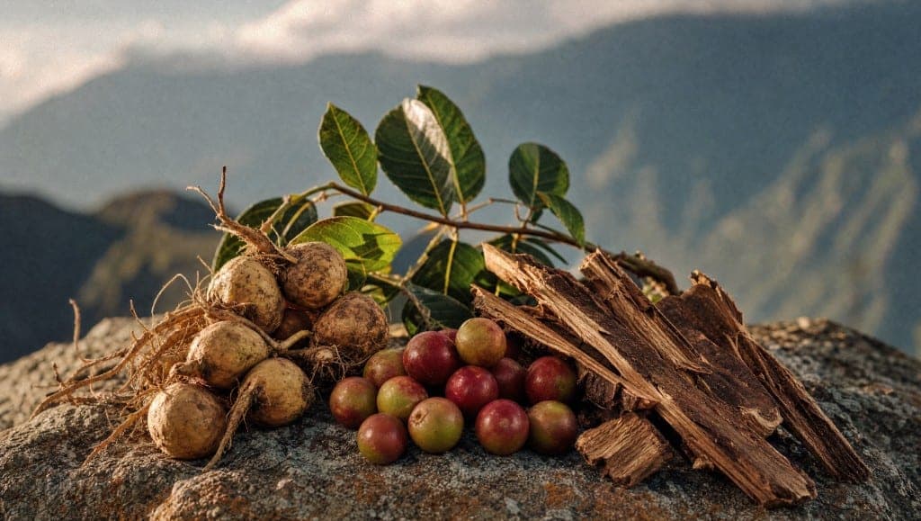 Des racines claires, un tas de baies rouges et des éclats d'écorce posés sur un rocher, devant des montagnes au loin.