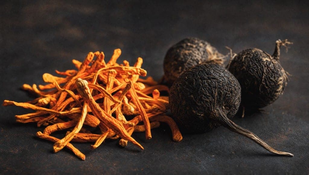 Tas de cordyceps orange séchés et trois racines de maca noire sur un fond sombre