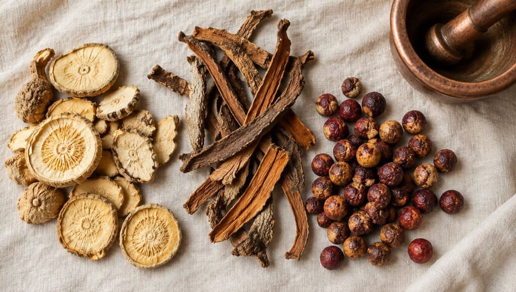 Herbes adaptogenes sechees sur lin creme avec mortier en cuivre