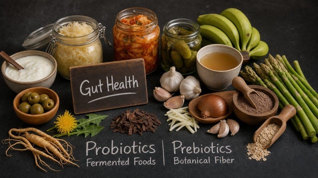 Gut health et adaptogènes : griffe de chat (muqueuse intestinale), Camu Camu (polyphénols prébiotiques), maca (fibres).