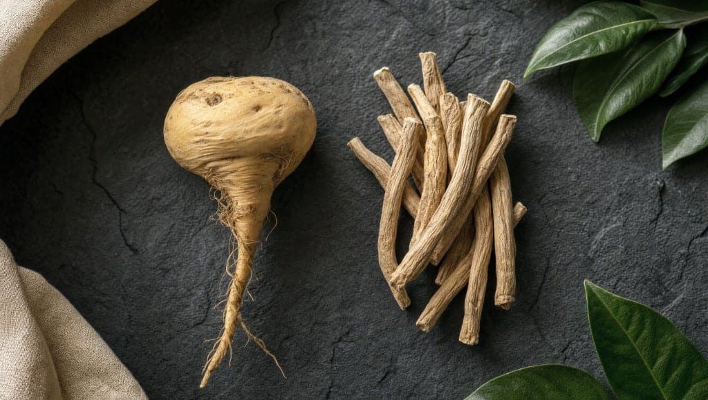 Racine de maca entière et bâtons de racine d'ashwagandha séchés sur ardoise