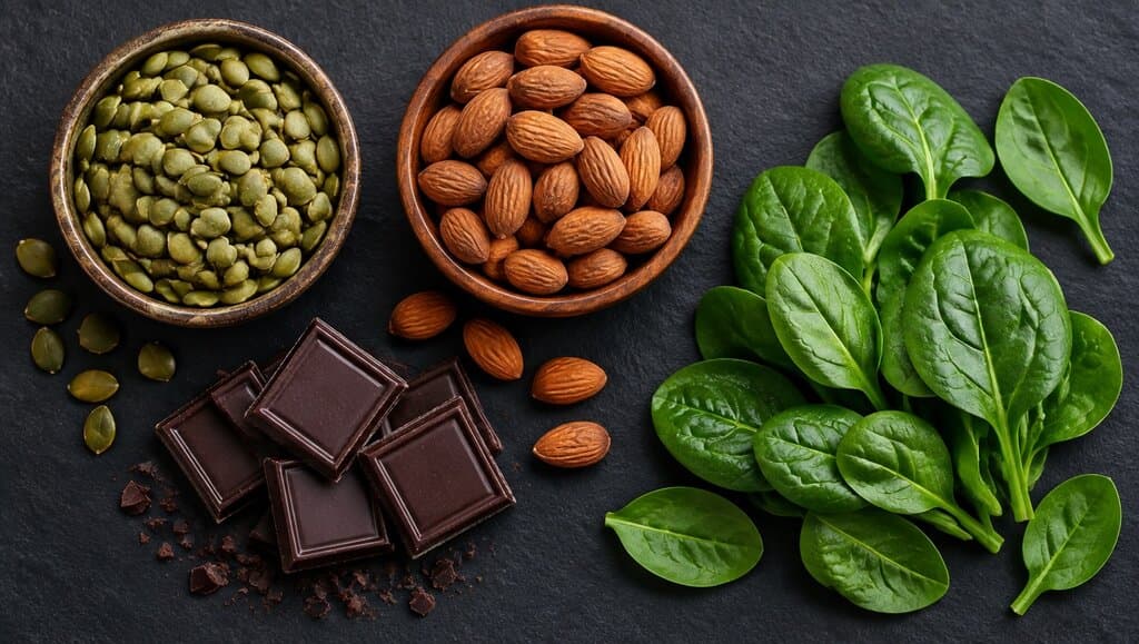 Aliments riches en magnésium : graines de courge, amandes, chocolat noir et épinards frais.