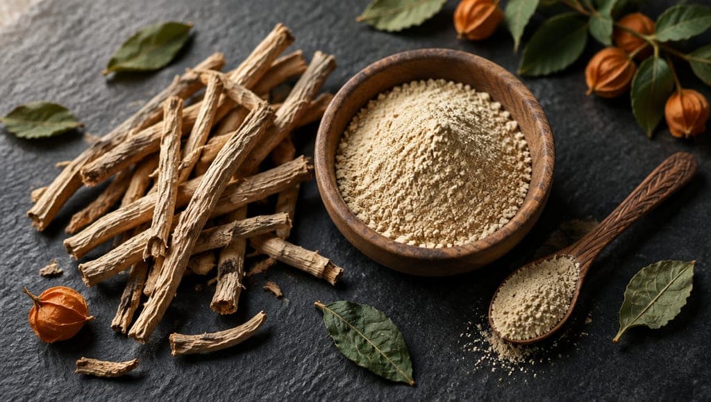 Racines d'ashwagandha séchées à côté d'un bol en bois de poudre beige et d'une cuillère, avec quelques feuilles séchées, sur une ardoise noire.