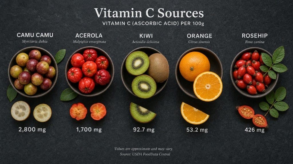 Comparatif des meilleures sources naturelles de vitamine C : Camu Camu, acérola, cynorrhodon, kiwi, poivron rouge. Teneu