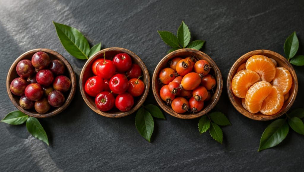 Quatre bols en bois alignés sur une ardoise noire, l'un de baies de camu camu, l'un de cerises acérola, l'un de cynorrhodons, l'un de quartiers d'orange, avec des feuilles vertes entre eux.
