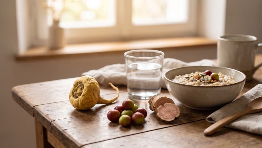 Racine de maca, baies de camu camu, tronçon de rhodiola coupé, verre d'eau et bol de flocons d'avoine sur une table en bois