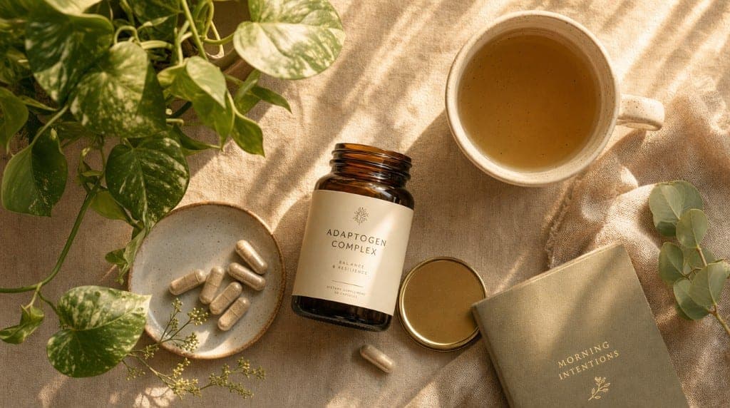 Morning routine adaptogènes : maca pour l'énergie, rhodiola pour la concentration, Camu Camu pour l'immunité. Protocole