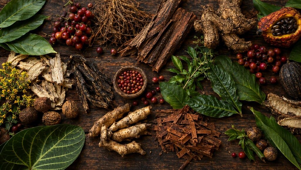 Racines séchées, écorces, baies rouges et feuilles vertes de plantes andines et amazoniennes disposées sur un bois sombre vieilli