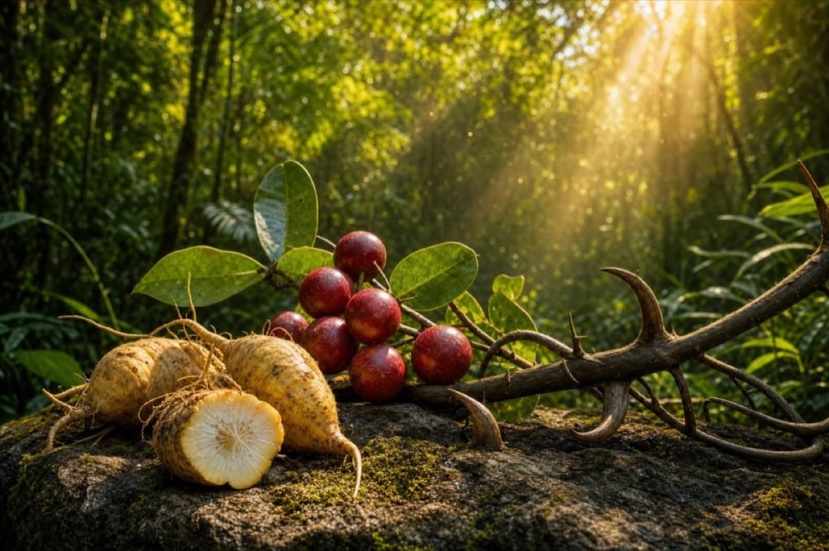 Maca, baies de Camu Camu et Griffe de Chat sur roche moussue — forêt amazonienne
