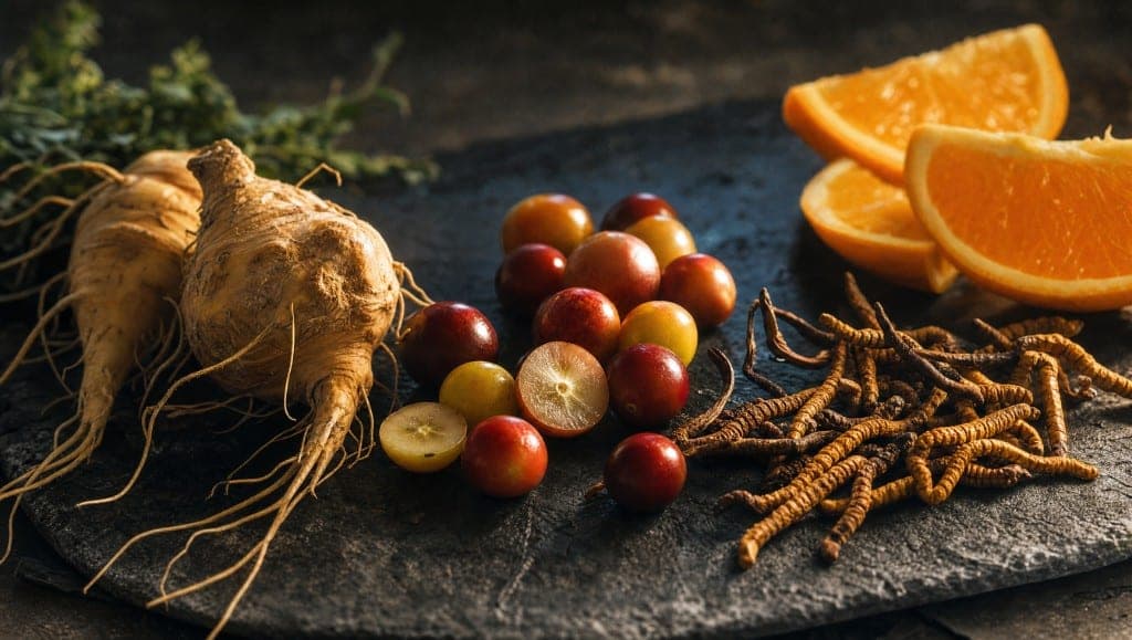 Racine de maca claire, baies de camu camu, cordyceps séchés et quartiers d'orange sur une ardoise
