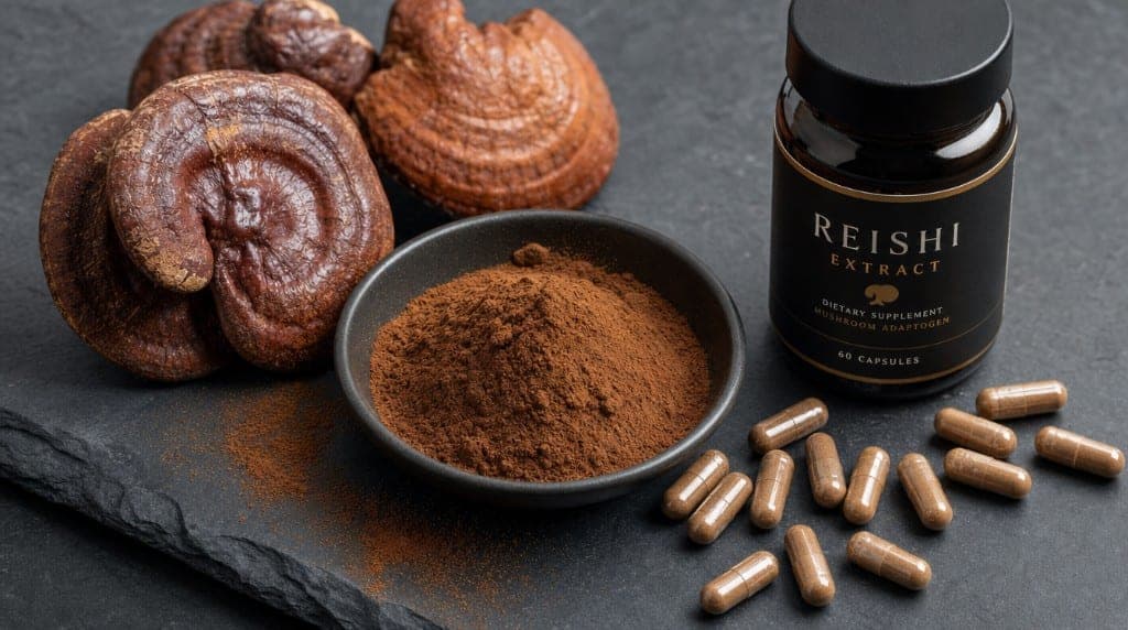 Dosage reishi : extrait dual eau-alcool pour extraire polysaccharides ET triterpènes. Corps fructifère, spores cassées —