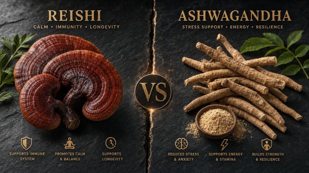 Reishi vs Ashwagandha : immunité et sommeil vs cortisol et stress. Deux approches complémentaires — comparatif mécanisme