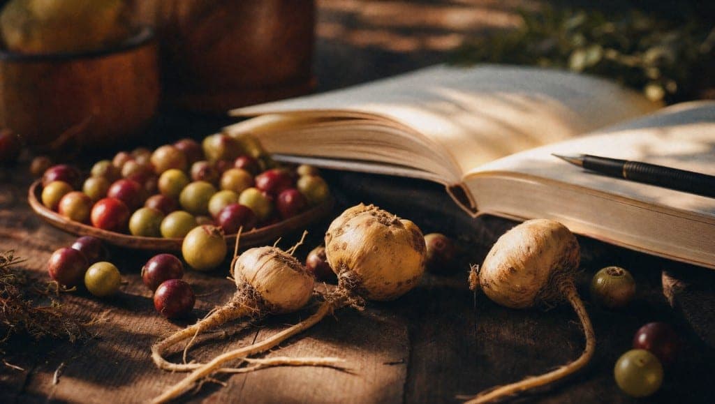 Livre ouvert et stylo, trois racines de maca et une coupe de baies de camu camu sur une table en bois
