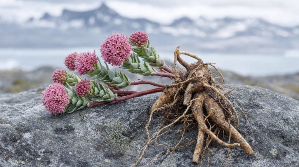 Fleurs de Rhodiola rosea sur fond de montagne