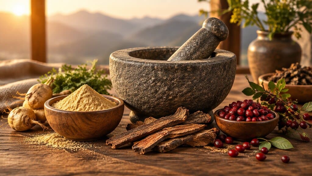 Mortier en pierre avec ingredients botaniques sur table en bois a l'aube