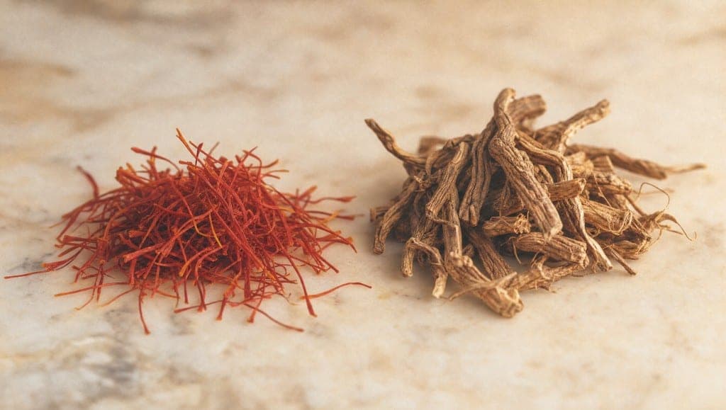 Filaments de safran rouge vif dans une coupelle blanche, près d'une fleur mauve de Crocus sativus