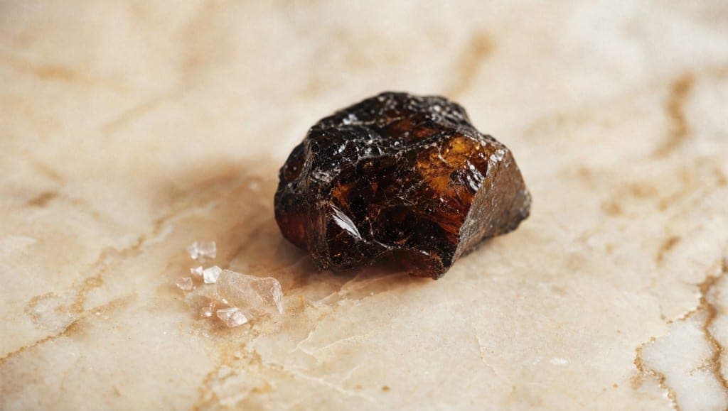 Un bloc de résine brune translucide posé sur un marbre beige veiné, avec quelques éclats clairs à côté.