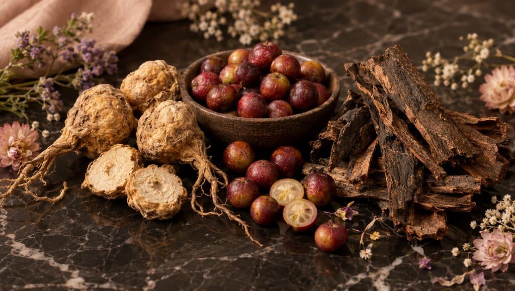 Racine de maca séchée, baies de camu camu et écorce de griffe de chat sur marbre sombre, petites fleurs botaniques séchées en accent