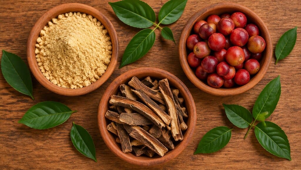 Vue du dessus de trois bols en terre cuite avec poudre de maca, baies de camu camu et ecorce de griffe de chat