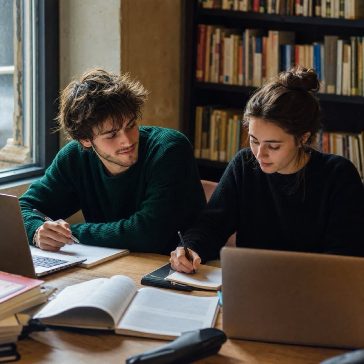 Deux étudiants qui révisent ensemble à la bibliothèque — concentration et énergie mentale