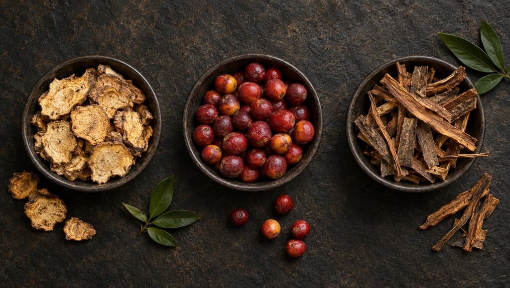 Trois bols en céramique sombre contenant chacun des tranches de maca séchée, des baies de camu camu rouges et des lanières d'écorce de griffe de chat