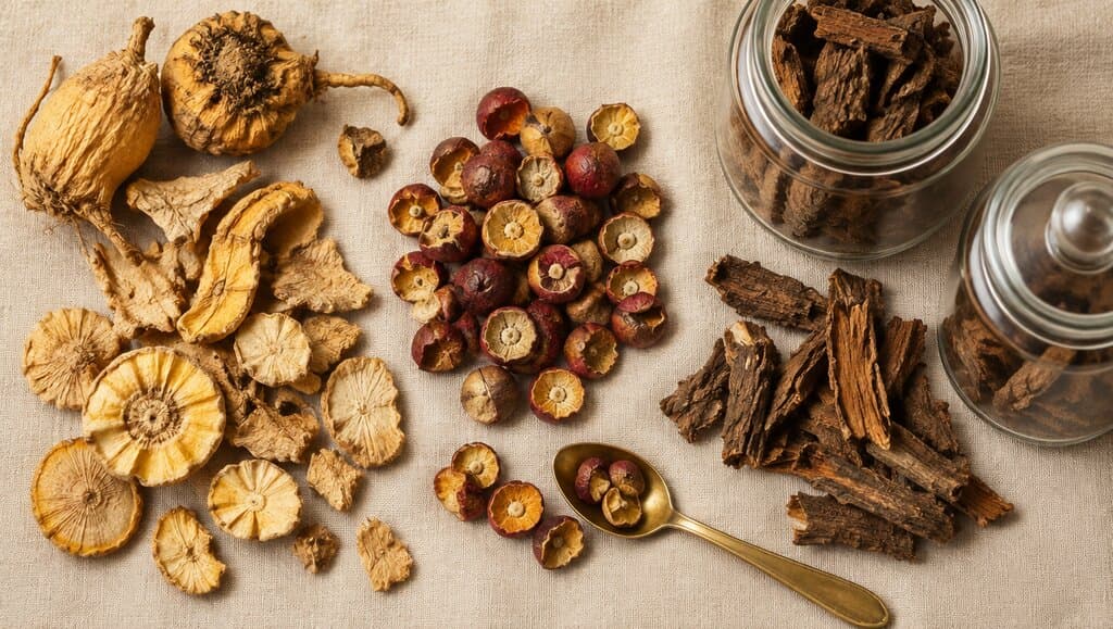 Mise a plat d'ingredients botaniques seches sur lin creme avec cuillere en laiton et bocaux en verre