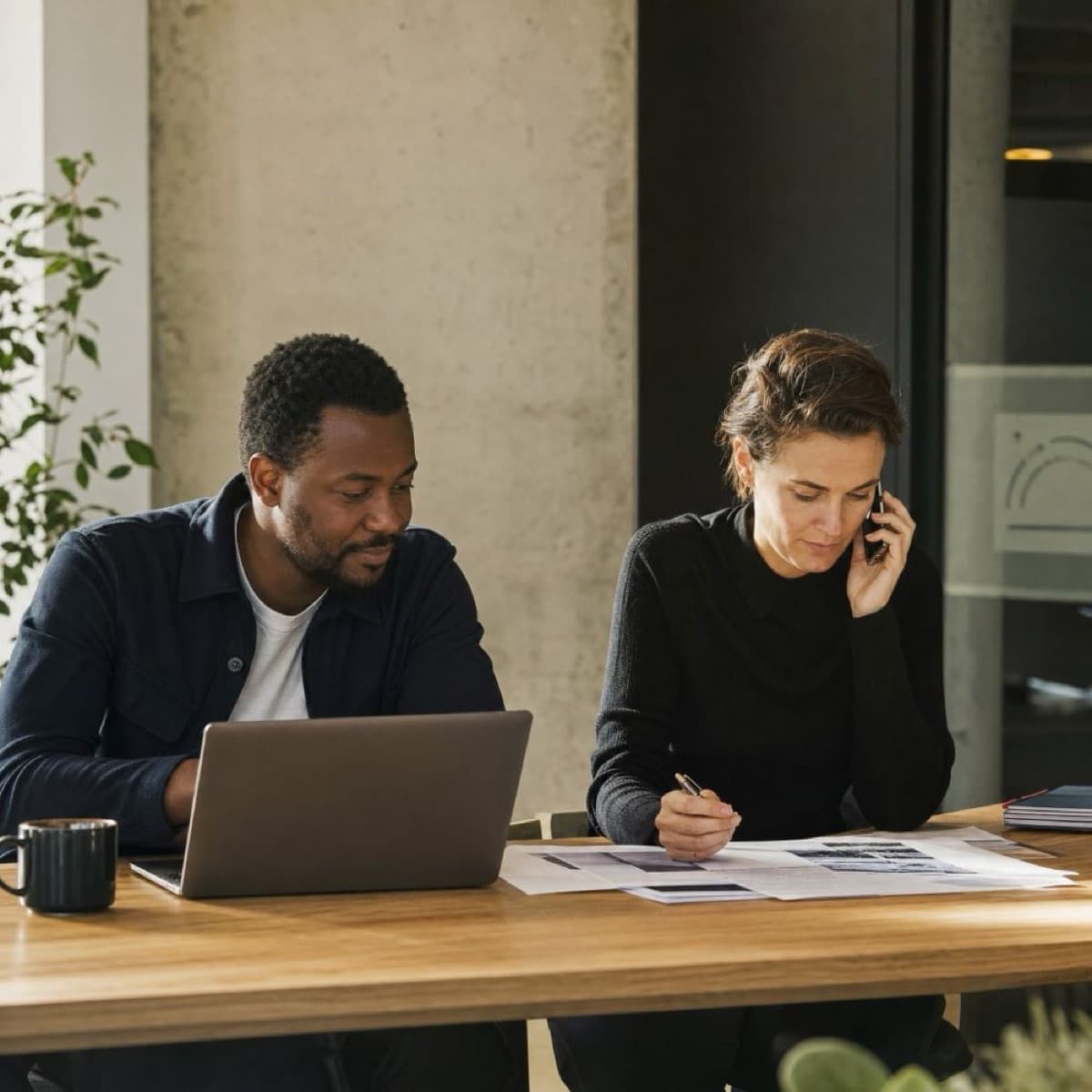 Professionnels au bureau en pleine productivité — concentration et énergie mentale