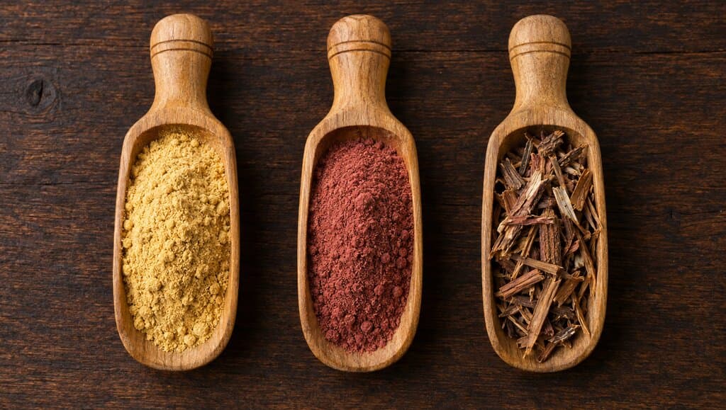 Trois cuillères en bois alignées contenant poudre de maca dorée, poudre de camu camu rougeâtre et écorce de griffe de chat effilée