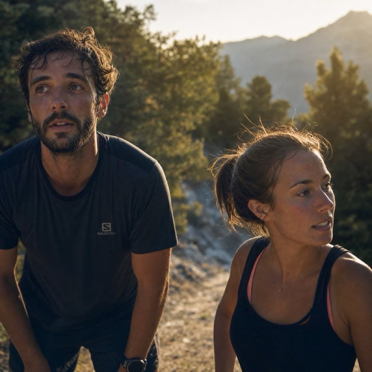 Deux sportifs en trail après l'effort — récupération en pleine nature