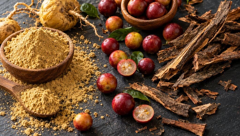 Poudre de maca dorée, baies de camu camu rouges et lanières d'écorce de griffe de chat dispersées en diagonale sur ardoise sombre